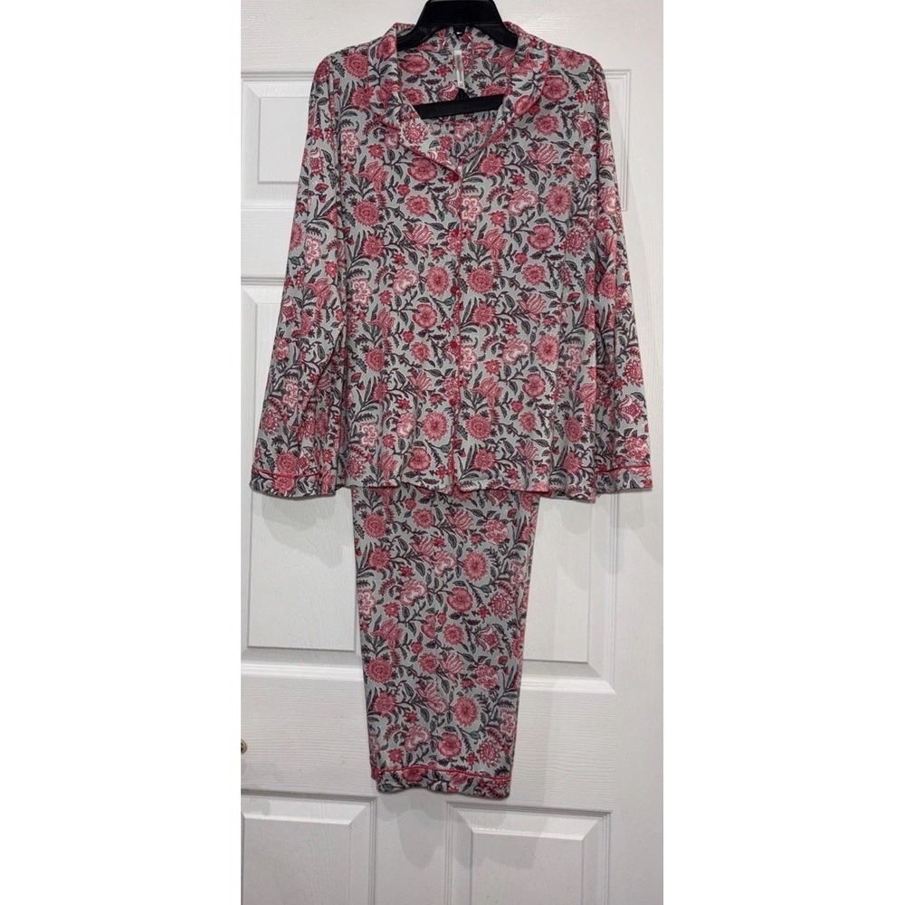 Flora Nikrooz Pajama Set Women XL Pink Green Floral Print Top & Pants Sleepwear - Picture 11 of 15
